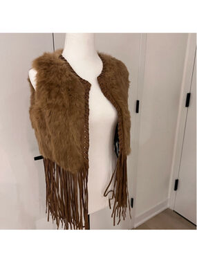 Real Rabbit Fur & Suede Fringe Boho Vest Tan Camel NWOT Size S-M
